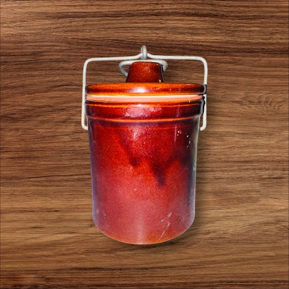 Vintage Brown Glaze Cheese & Butter Crock Jar with Locking Wire Bail Lid